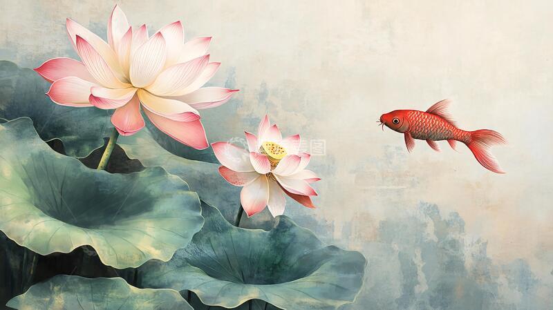 高清大图下载【趣麦麦图】工笔荷花锦鲤