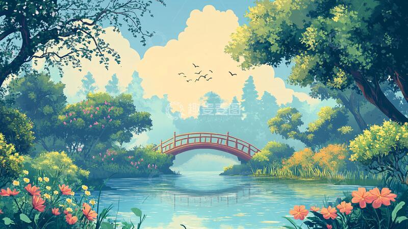 高清大图下载【趣麦麦图】小桥插画插画风景唯美