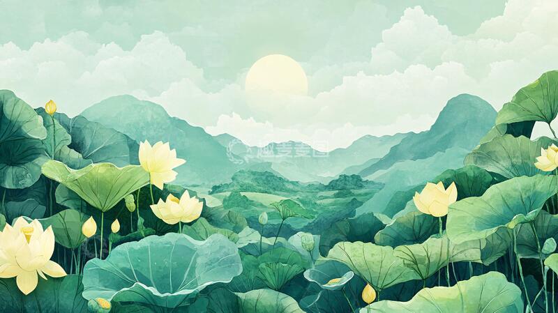 高清大图下载【趣麦麦图】荷塘插画插画荷塘荷花