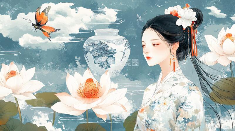 高清大图下载【趣麦麦图】荷叶汉服女生插画1