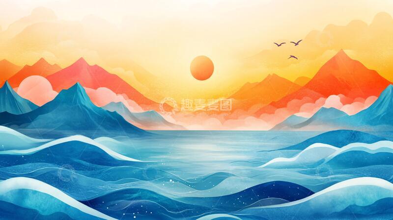 高清大图下载【趣麦麦图】高端山水线包装插画9