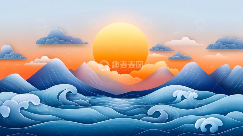 高清大图下载【趣麦麦图】手绘海浪旭日东升19