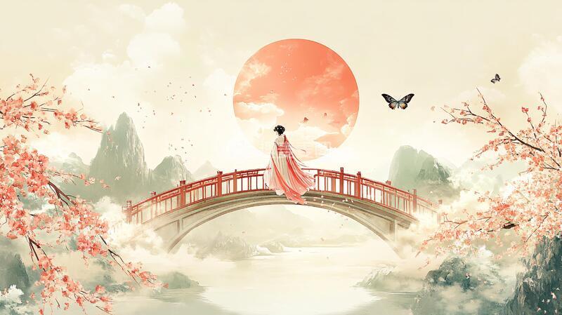 高清大图下载【趣麦麦图】串月桥插画插画古风古装