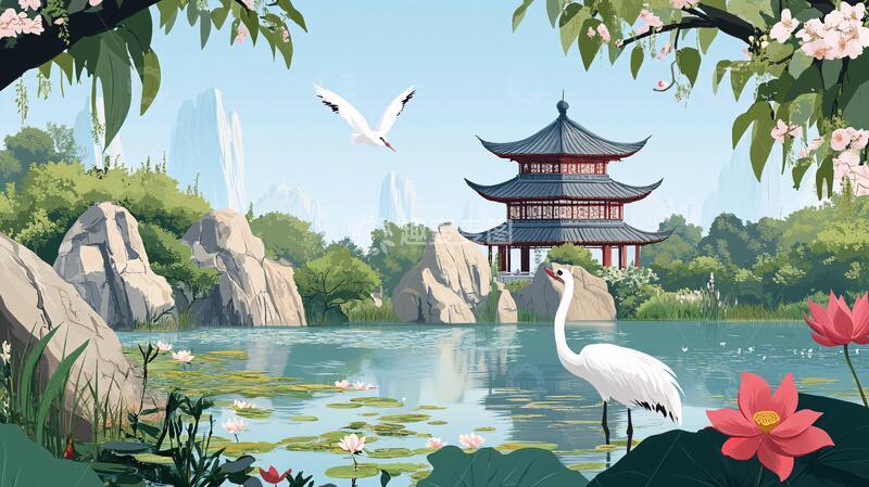 高清大图下载【趣麦麦图】仙鹤楼阁山水插画4