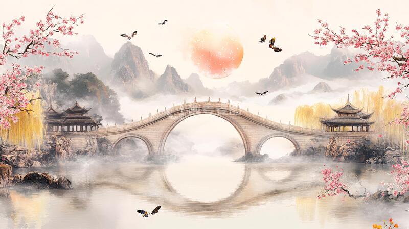 高清大图下载【趣麦麦图】仙鹤楼阁古风山水画24