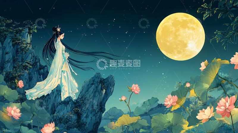 高清大图下载【趣麦麦图】中秋楼阁仙女图
