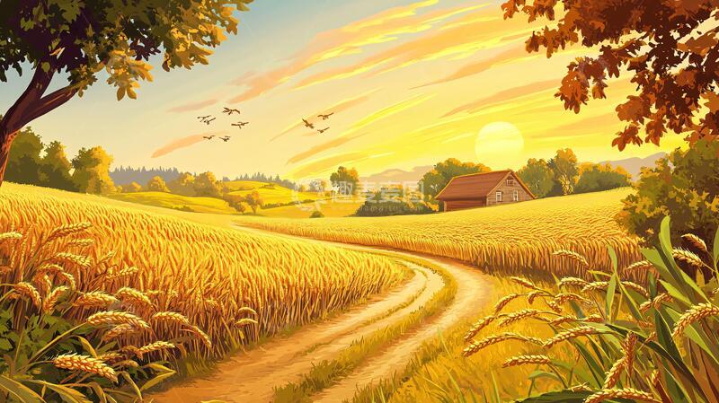 高清大图下载【趣麦麦图】农村风景插画