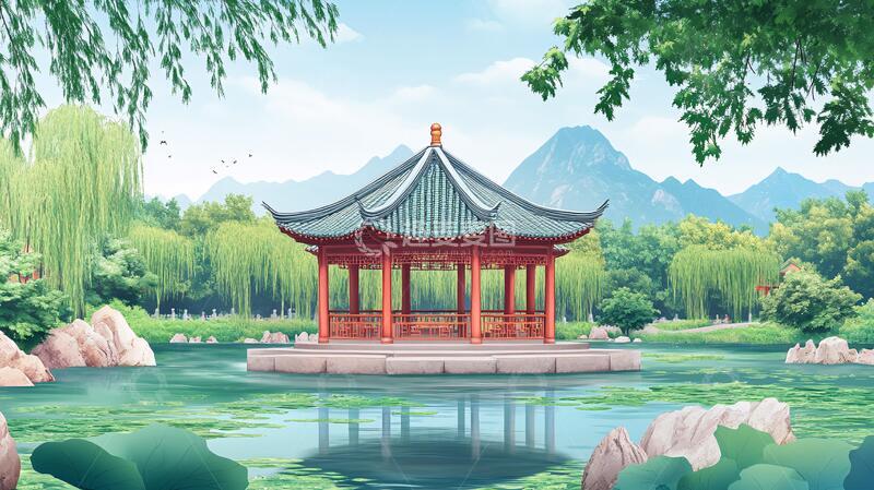 高清大图下载【趣麦麦图】亭台楼阁绿色背景