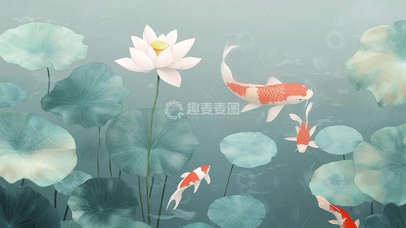 高清大图下载【趣麦麦图】荷花锦鲤插画8