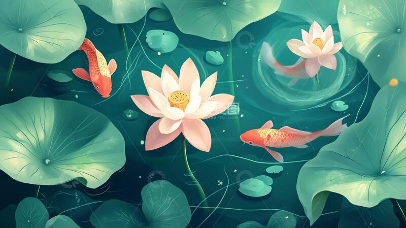 高清大图下载【趣麦麦图】荷花锦鲤插画11