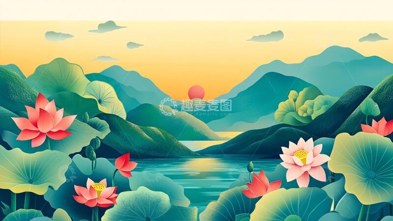 高清大图下载【趣麦麦图】中式山湖插画8