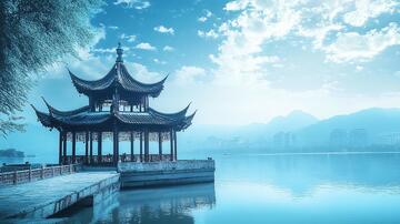 山水双亭山水湖中江南