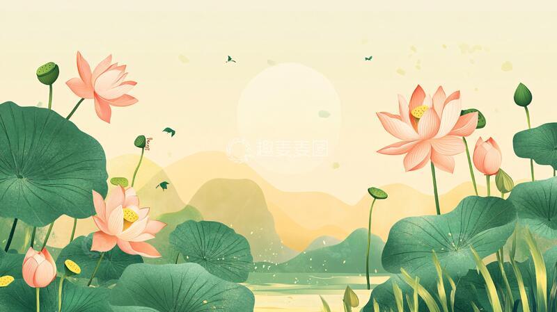 高清大图下载【趣麦麦图】夏天荷塘插画3