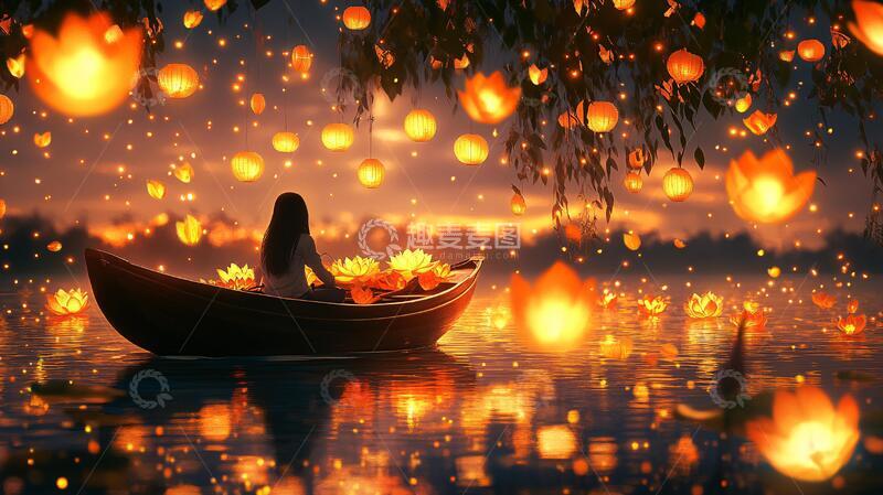 高清大图下载【趣麦麦图】小船河灯河灯小船灯会