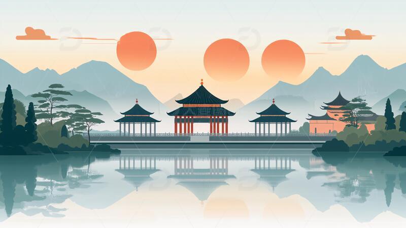 高清大图下载【趣麦麦图】横店地标建筑山水画