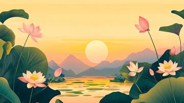 荷塘插画插画荷花全景