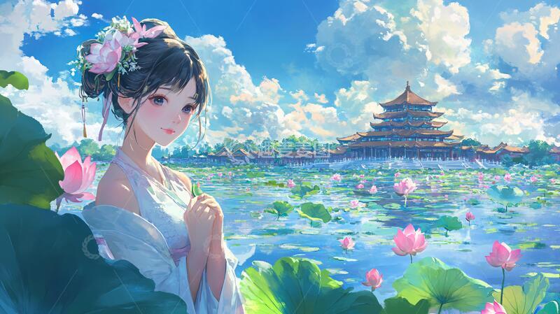 高清大图下载【趣麦麦图】仲夏风荷塘侍女1