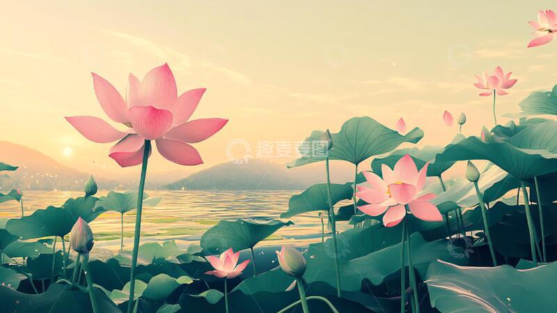高清大图下载【趣麦麦图】荷塘插画荷花插画荷塘