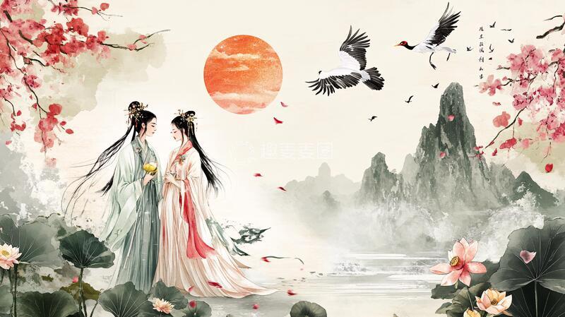 高清大图下载【趣麦麦图】古装情侣插画