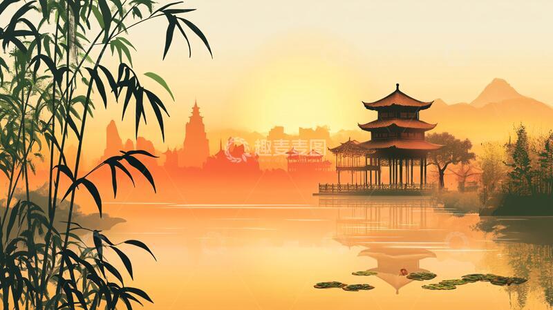 高清大图下载【趣麦麦图】亭台楼阁旭日东升6