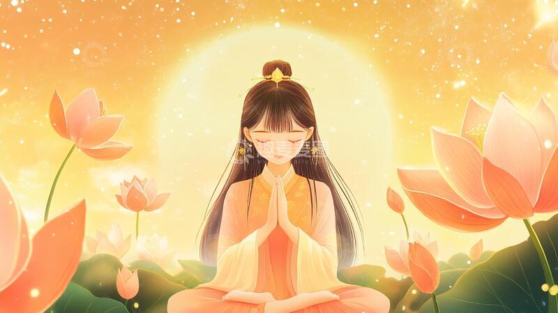 高清大图下载【趣麦麦图】许愿插画插画莲花少女