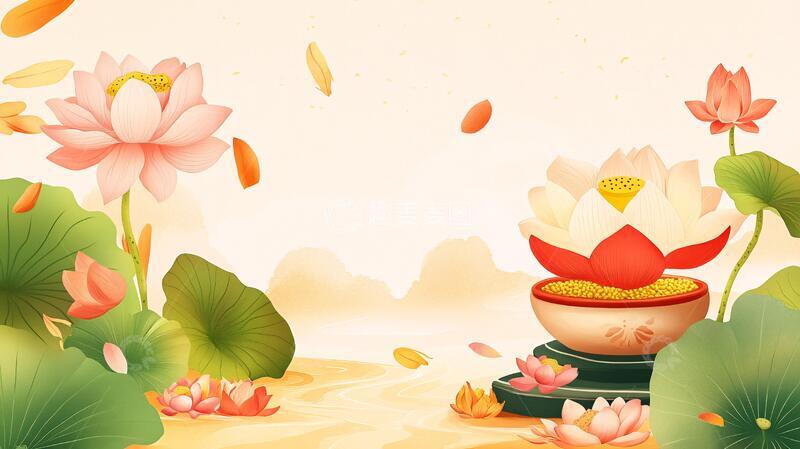 高清大图下载【趣麦麦图】荷花池插画插画荷花莲花