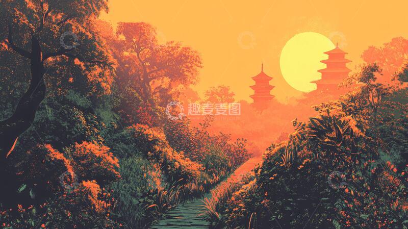 高清大图下载【趣麦麦图】黄鹤楼插画插画落日场景