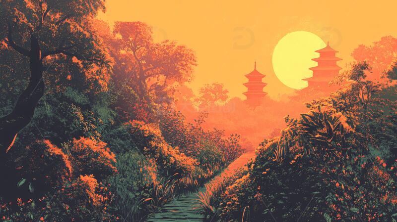 黄鹤楼插画插画落日场景