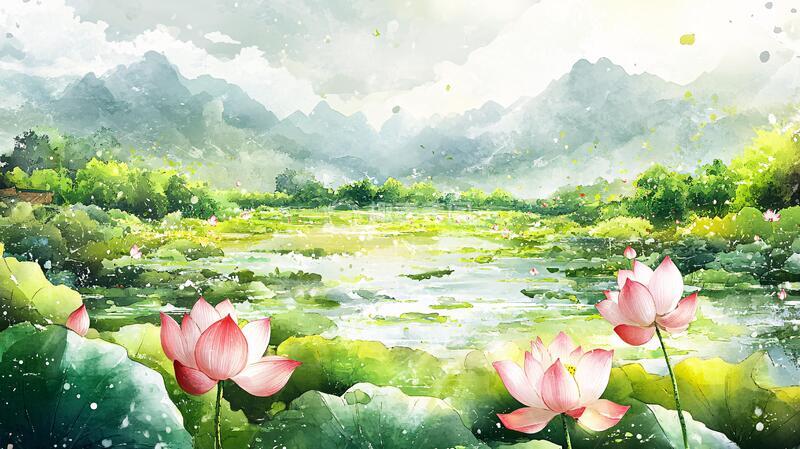 高清大图下载【趣麦麦图】意境风景画水彩荷花3