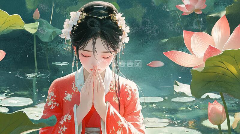 高清大图下载【趣麦麦图】荷叶汉服女生插画