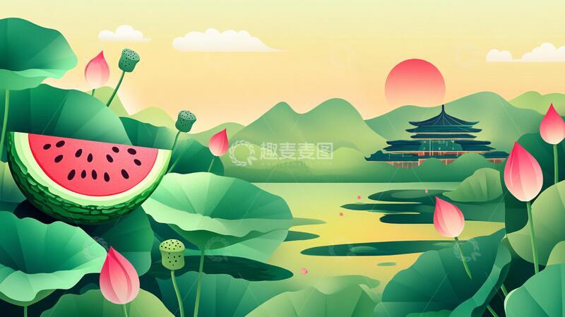 高清大图下载【趣麦麦图】荷塘插画插画节气荷塘