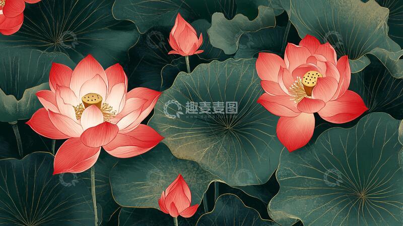 高清大图下载【趣麦麦图】深蓝背景荷花图