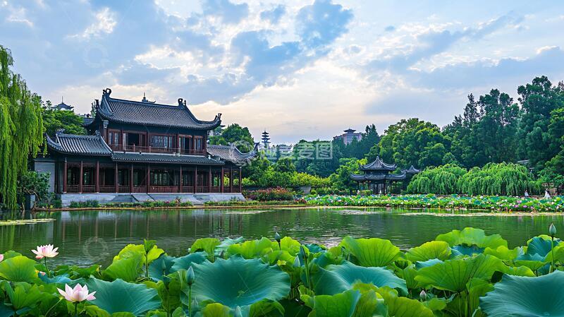 高清大图下载【趣麦麦图】荷花池与中式建筑1