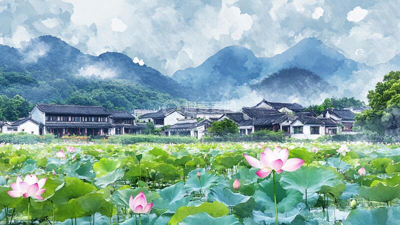 高清大图下载【趣麦麦图】山乡荷田图片素材下载