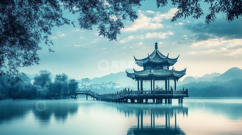 高清大图下载【趣麦麦图】山水双亭晨曦风光壁纸