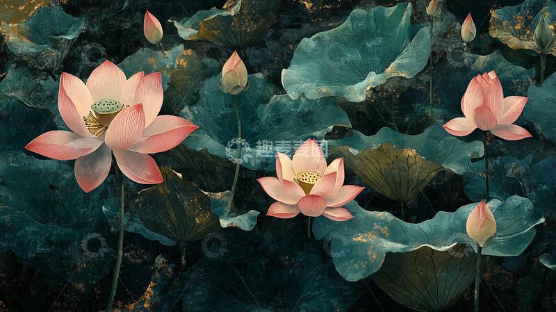 高清大图下载【趣麦麦图】唯美荷花大理石壁画