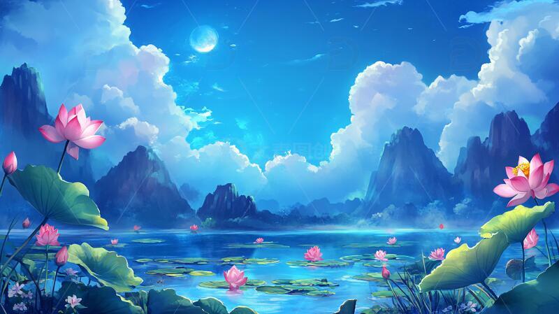高清大图下载【趣麦麦图】荷花大场景荷花场景插画