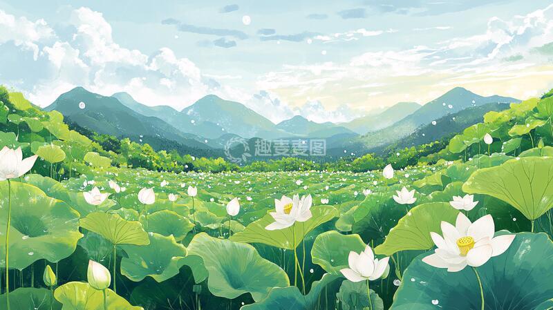 高清大图下载【趣麦麦图】夏天荷塘插画2