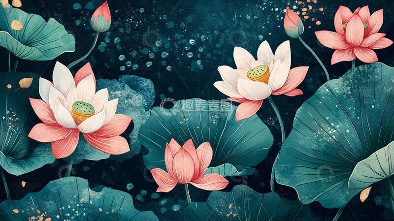 高清大图下载【趣麦麦图】深蓝背景荷花图1