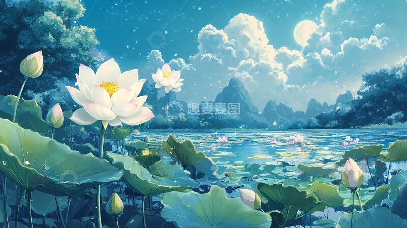 高清大图下载【趣麦麦图】月色荷花背景墙3