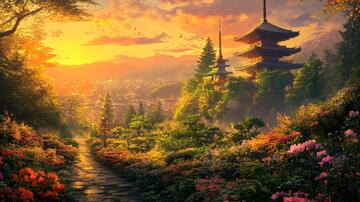 日本风景画园林壁纸插画