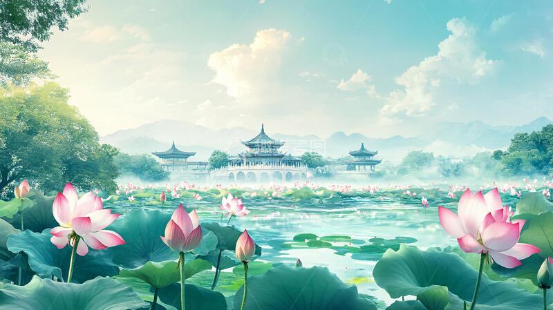 高清大图下载【趣麦麦图】荷花大场景荷花背景插画
