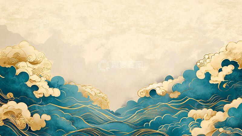 高清大图下载【趣麦麦图】海浪仙鹤云纹中式背景4