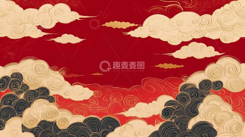高清大图下载【趣麦麦图】云纹插画插画背景红色