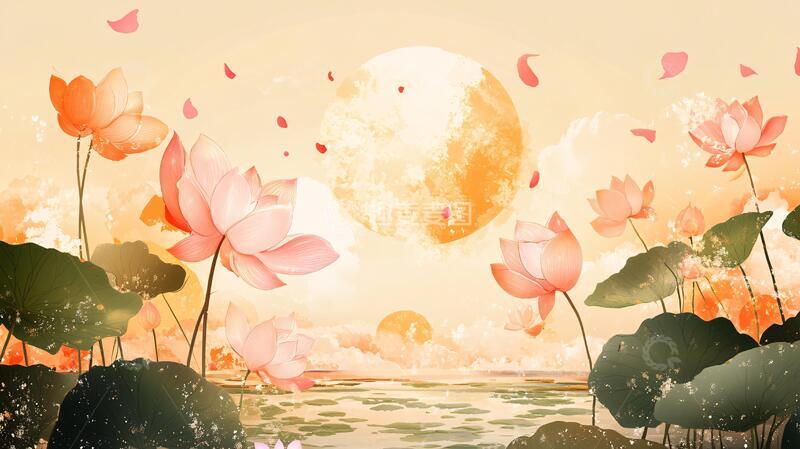 高清大图下载【趣麦麦图】古风中秋荷花插画2