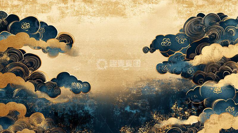 高清大图下载【趣麦麦图】-金银云纹日式背景浪花