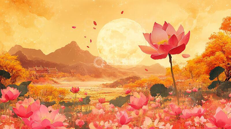高清大图下载【趣麦麦图】月色荷花背景墙2