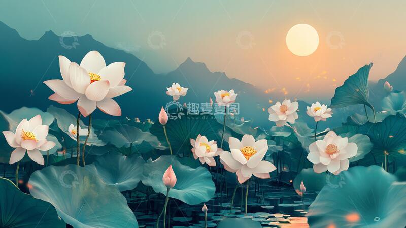 高清大图下载【趣麦麦图】夕阳全景荷花2