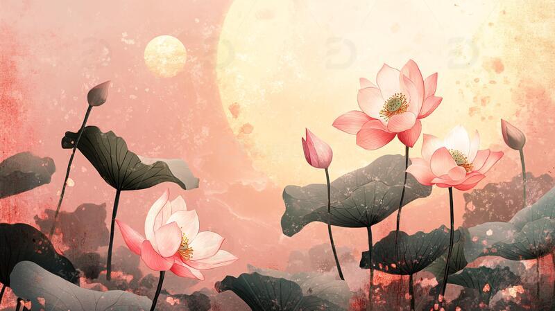 高清大图下载【趣麦麦图】古风中秋荷花插画1