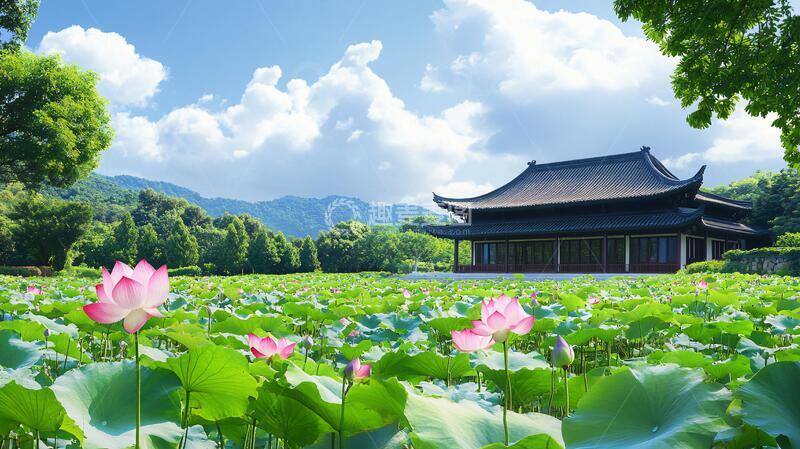 高清大图下载【趣麦麦图】荷花池与中式建筑